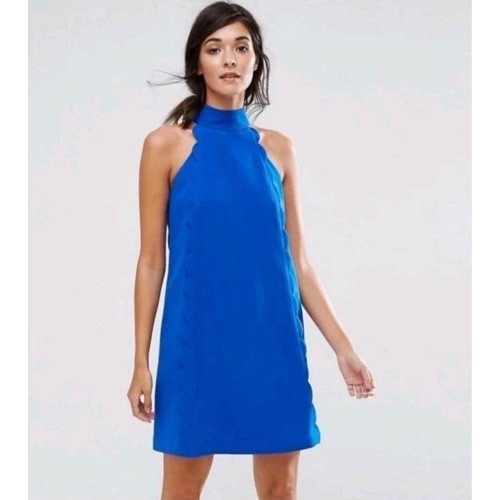 Ted Baker Blue Halter Neck Scallop Mini Dress Sz 3 | Designer Luxury